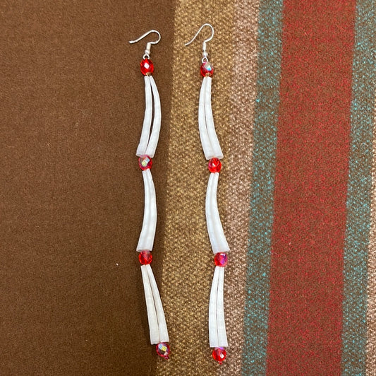 Dentalium Shell Red Fire Glazed Glass Bead Earrings