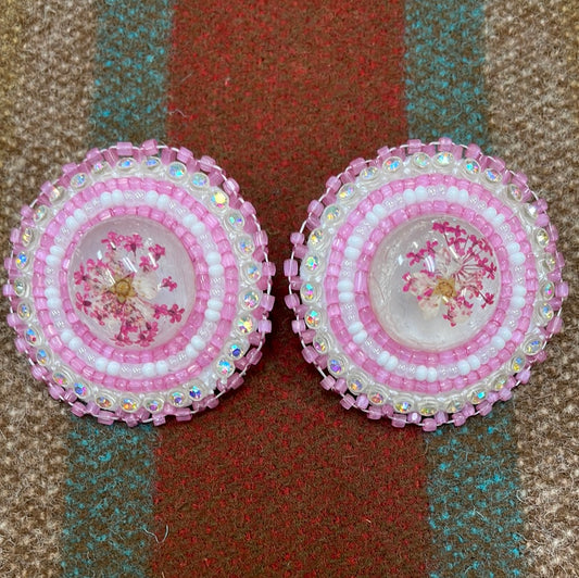 Beaded Pink Cabochon Post Earrings