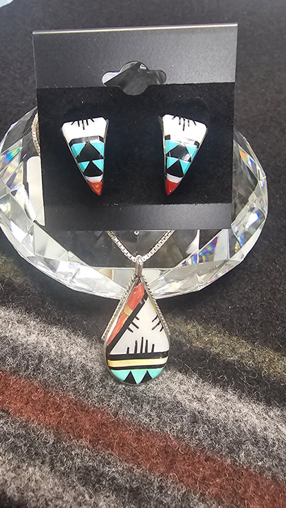 Zuni Inlay Pendant and Earring Set