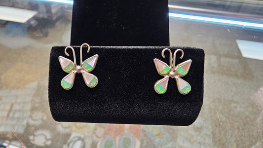 Mother Of Pearl W Green Opal Butterfly Earrings