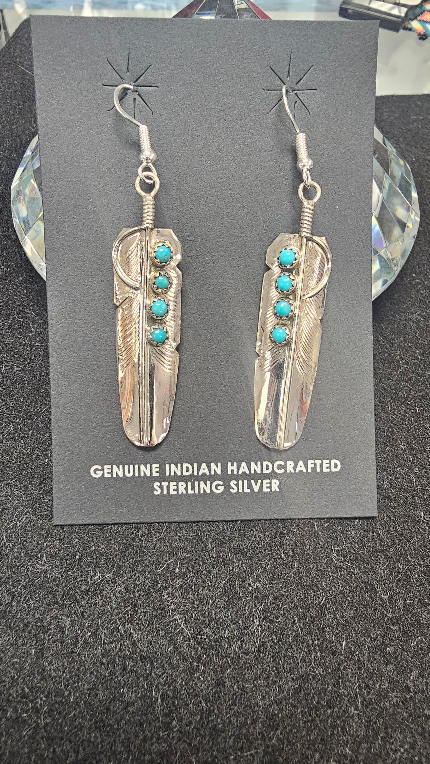 Sterling Silver Feather Earrings W Turquoise Stones