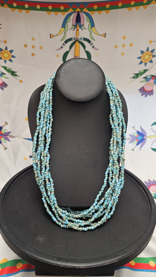 8 Strand Beaded Necklace Turquoise & Clear