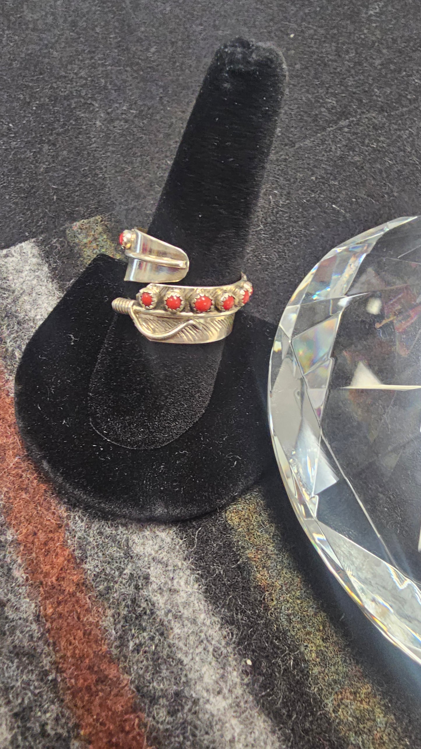 Sterling Silver Feather Ring W Red Coral