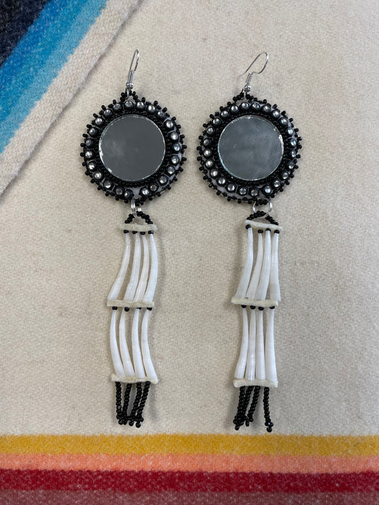 Black Beaded Mirror Dentalium Shell Earrings