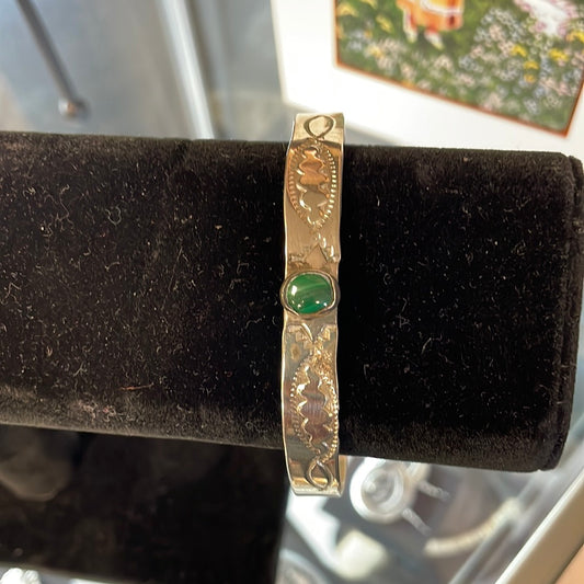 Sterling Silver Stamped Bracelet With Green Stone