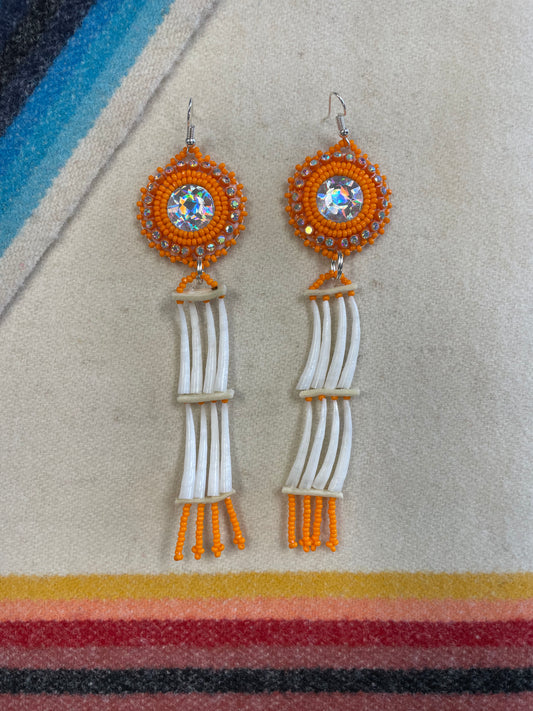 Orange Beaded Cabochon Dentalium Shell Earrings