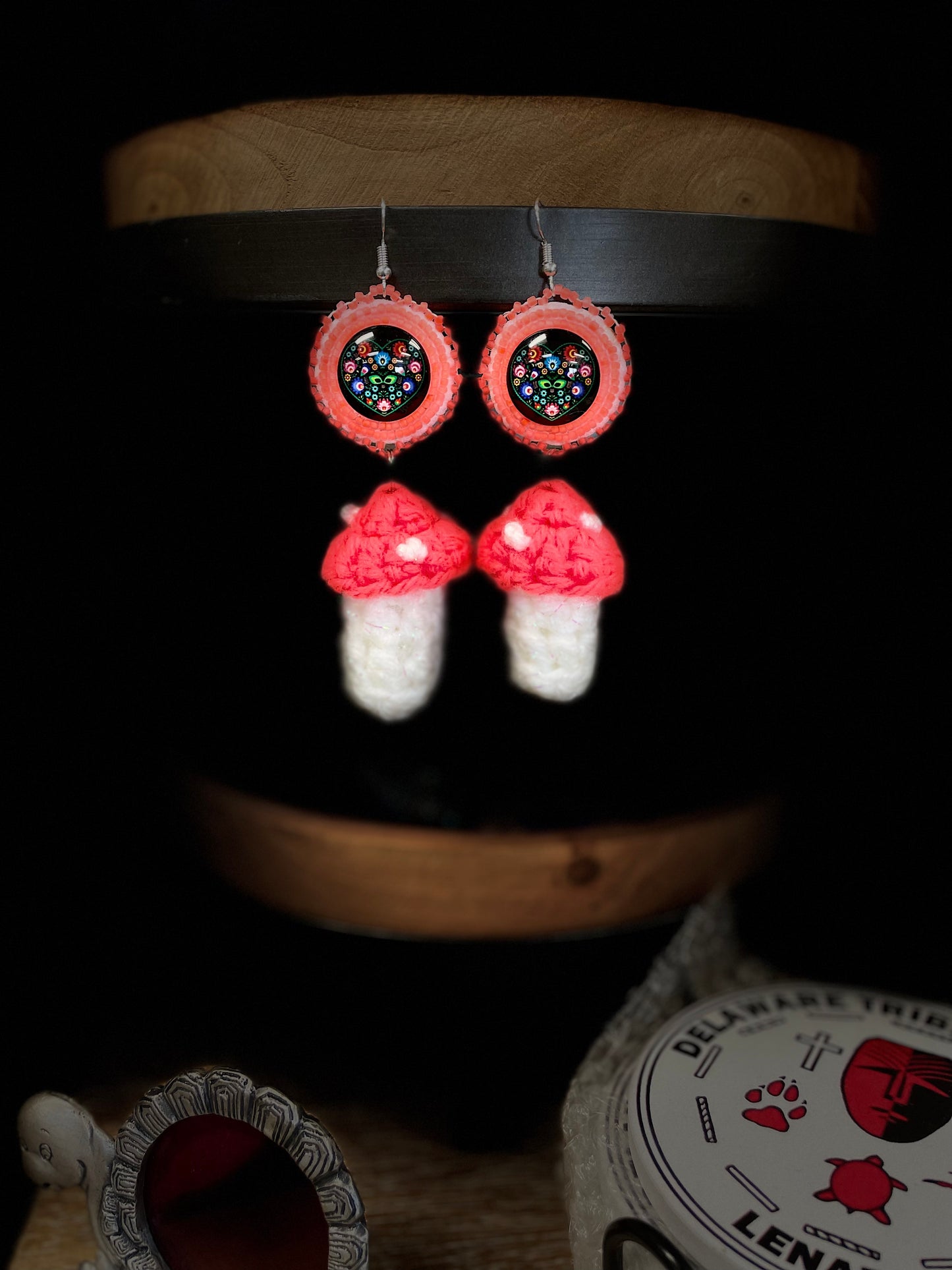 Beaded Cabochon Crocheted Mushroom Earrings
