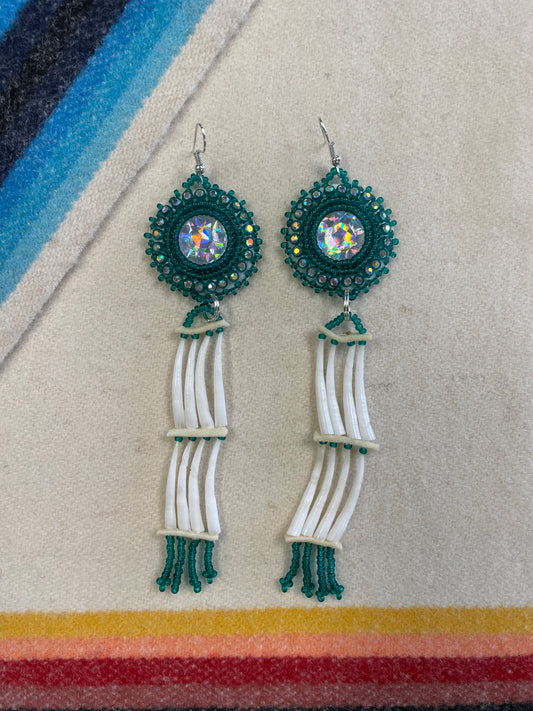 Emerald Beaded Cabochon Dentalium Shell Earrings