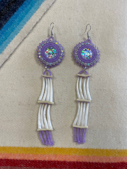 Purple Beaded Cabochon Dentalium Shell Earrings