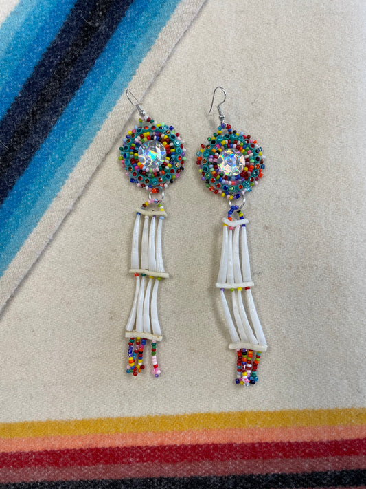 Beaded Cabochon Dentalium Shell Earrings