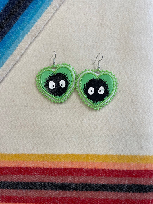 Green Heart Fuzzy Face Earrings