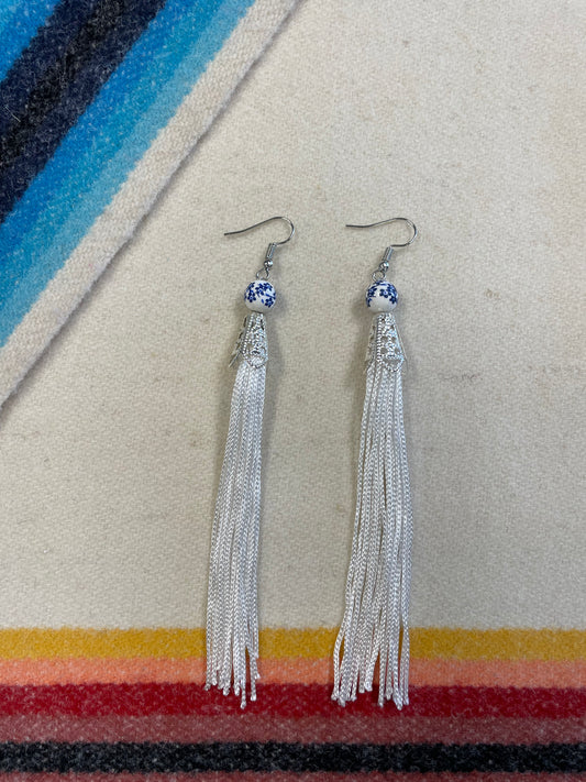 White Shawl Fringe Earrings