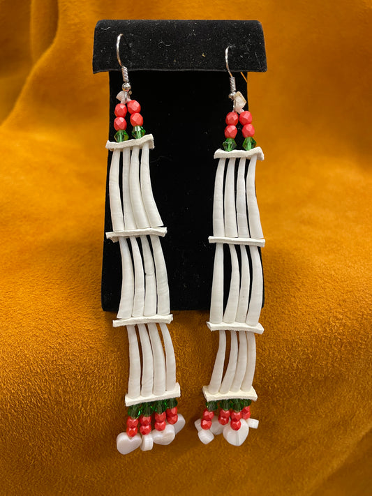 Coral/green Bead Dentalium Shell Earrings